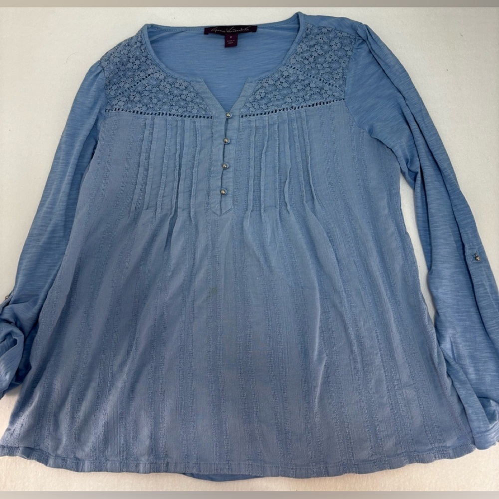 Gloria Vanderbilt Blue Crochet Lace‎ Top M Long Sleeve Boho Casual Blouse